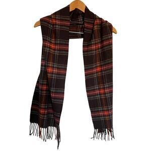 Lands’ End Wool Brown Red Plaid Tartan Fringe Scarf RL Style $45 Flawed Gem